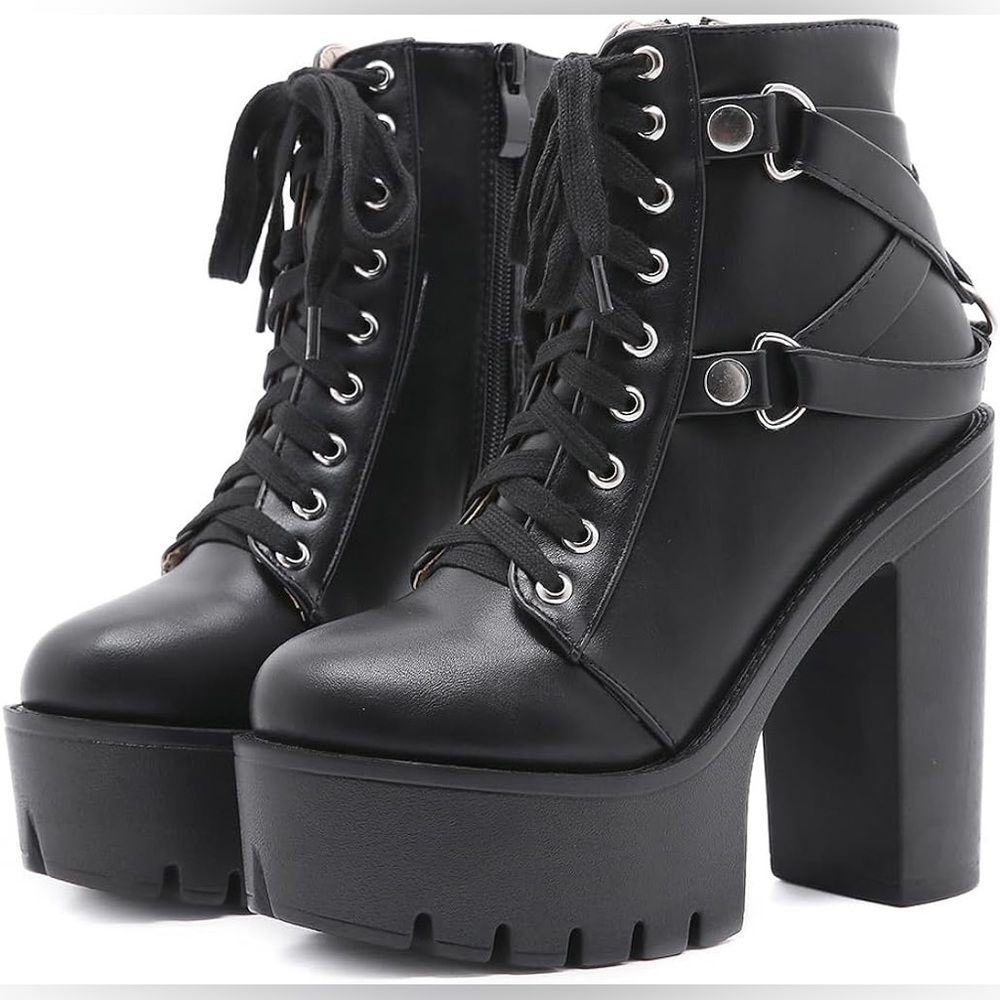 Black Lace Up Platform Ankle Boot